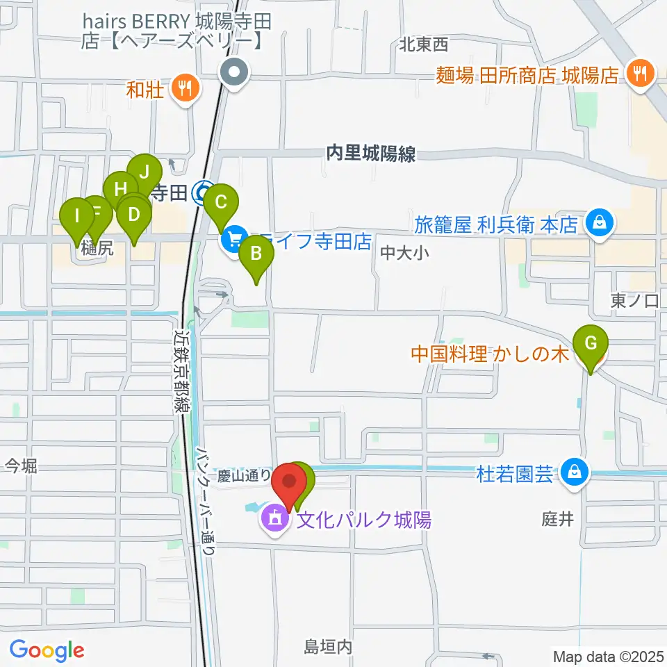 文化パルク城陽周辺のファミレス・ファーストフード一覧地図