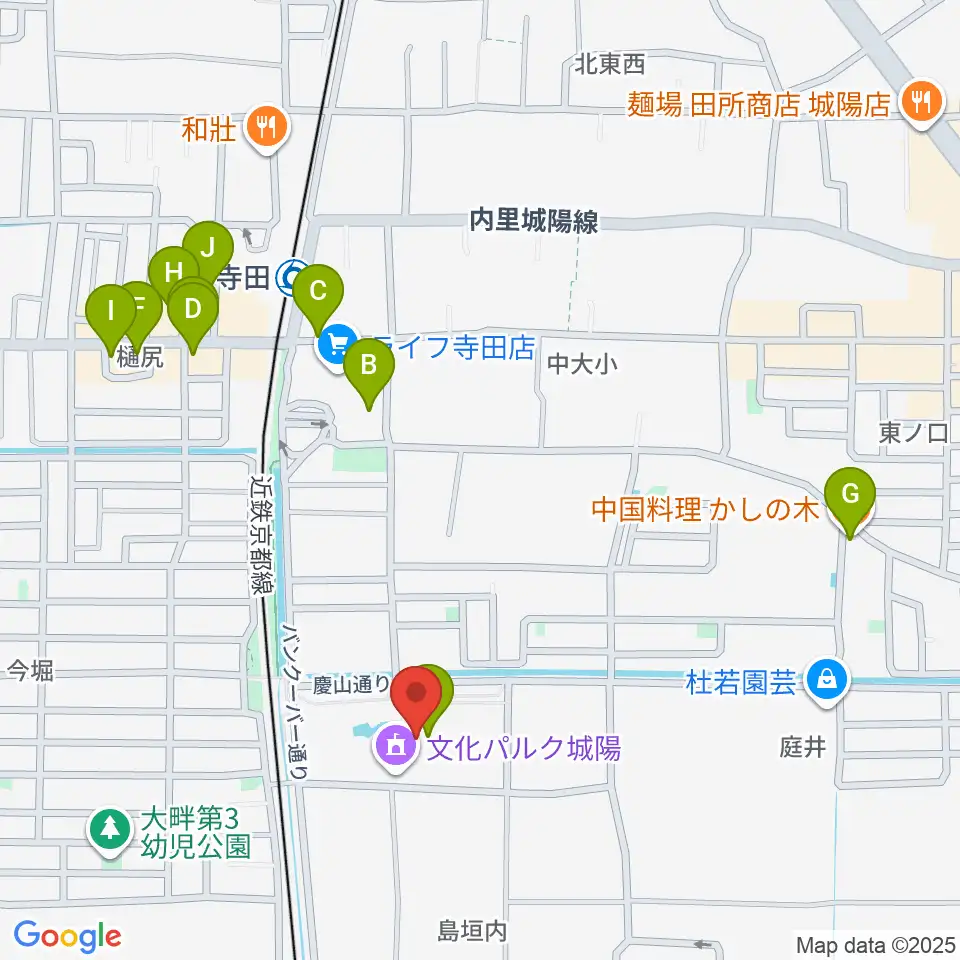 文化パルク城陽周辺のファミレス・ファーストフード一覧地図