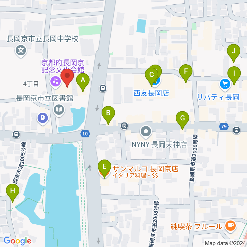 京都府長岡京記念文化会館周辺のファミレス・ファーストフード一覧地図