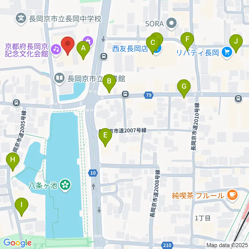 京都府長岡京記念文化会館周辺のファミレス・ファーストフード一覧地図