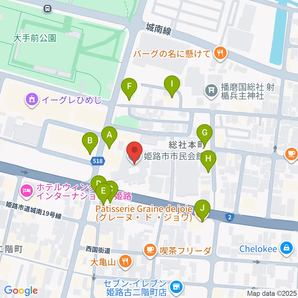 姫路市市民会館周辺のファミレス・ファーストフード一覧地図