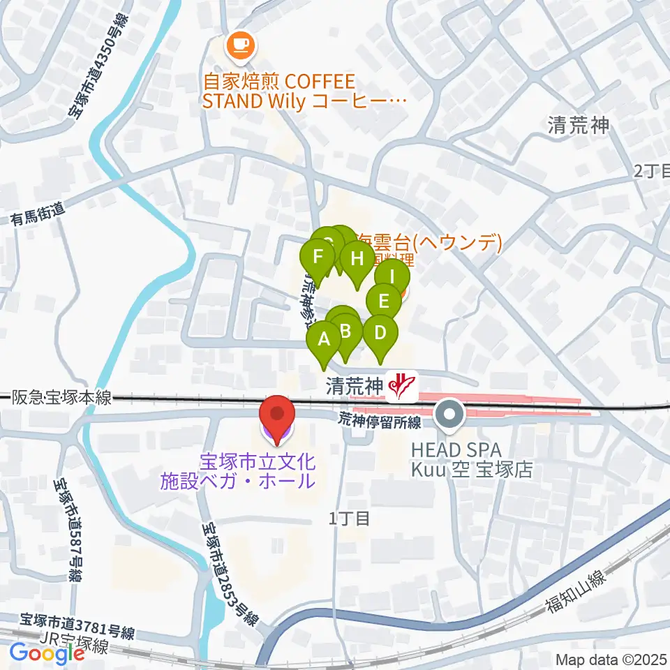 宝塚ベガ・ホール周辺のファミレス・ファーストフード一覧地図
