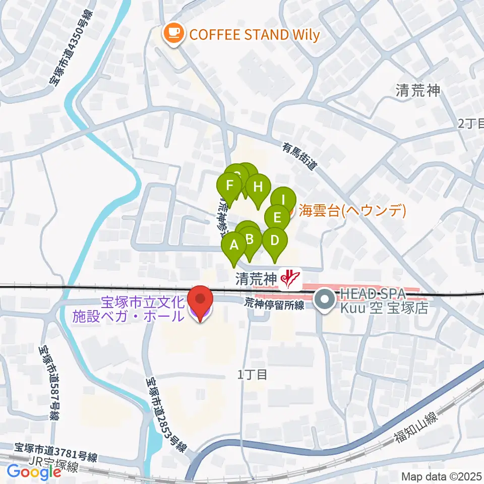 宝塚ベガ・ホール周辺のファミレス・ファーストフード一覧地図