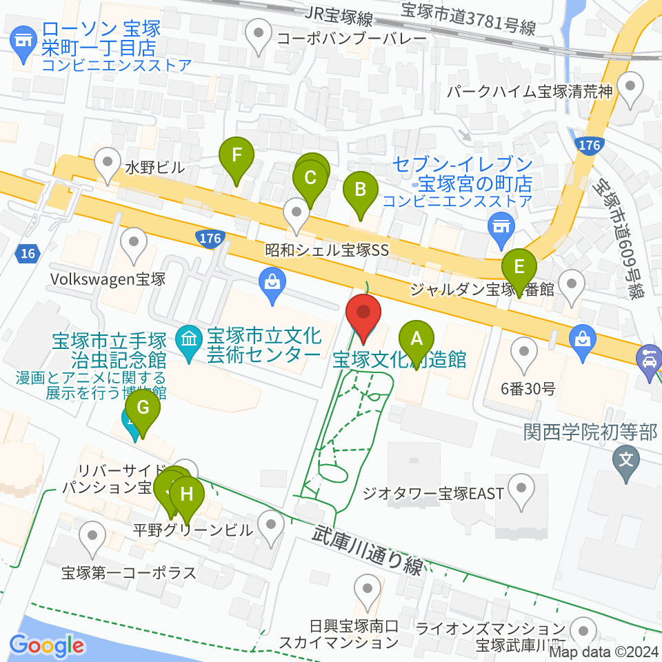 宝塚文化創造館周辺のファミレス・ファーストフード一覧地図