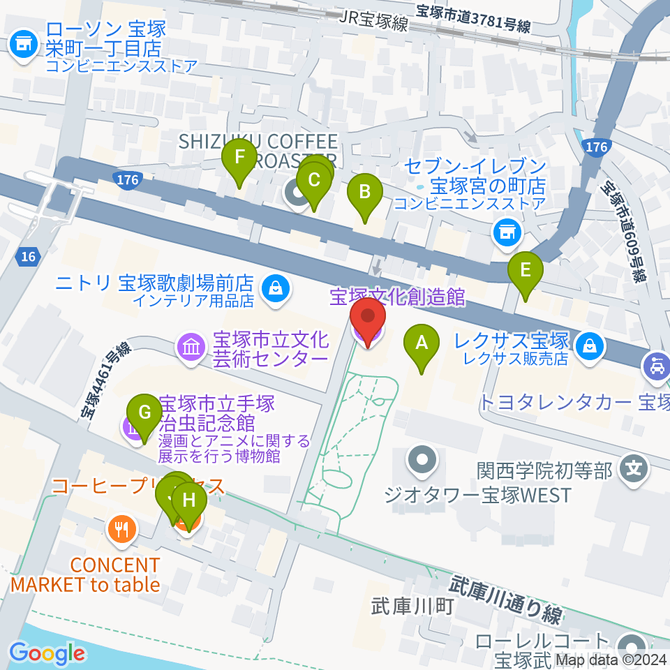 宝塚文化創造館周辺のファミレス・ファーストフード一覧地図