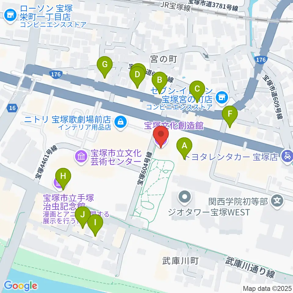 宝塚文化創造館周辺のファミレス・ファーストフード一覧地図