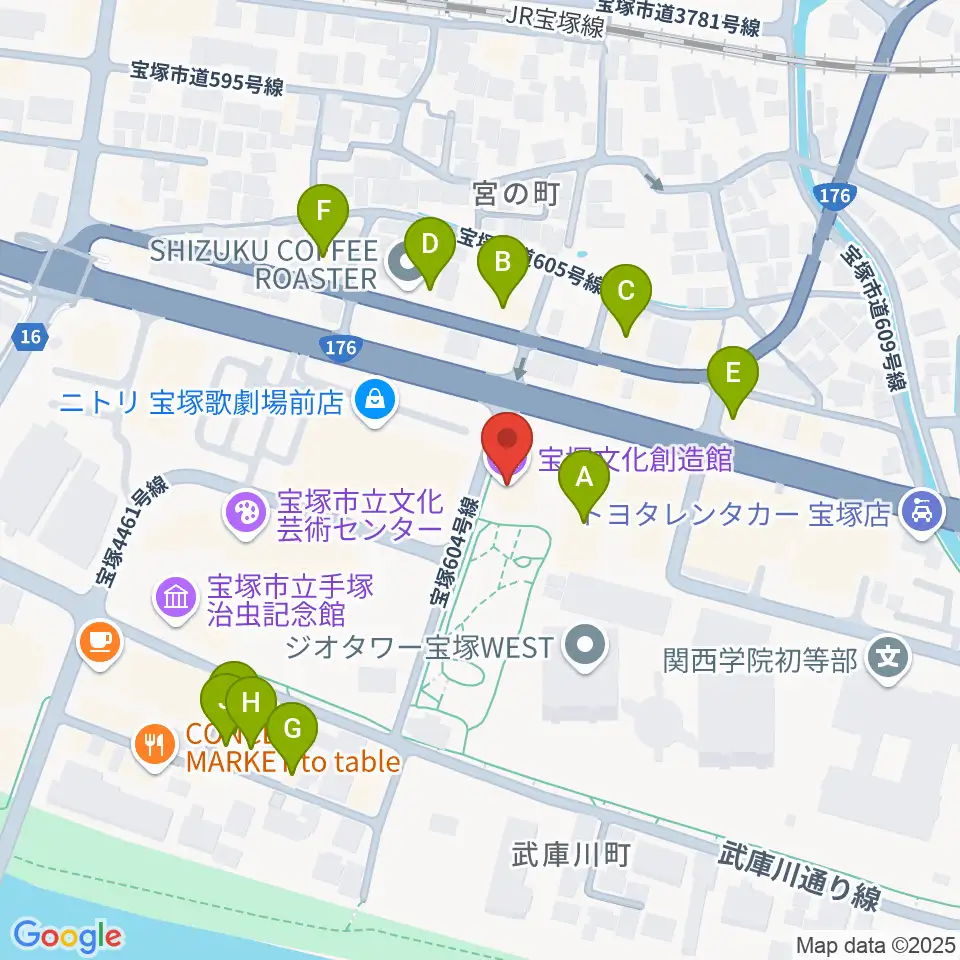 宝塚文化創造館周辺のファミレス・ファーストフード一覧地図