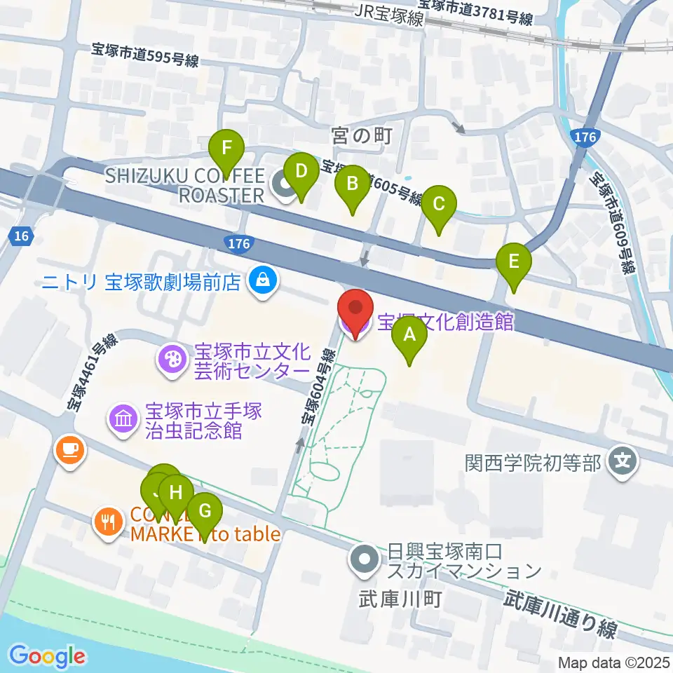 宝塚文化創造館周辺のファミレス・ファーストフード一覧地図