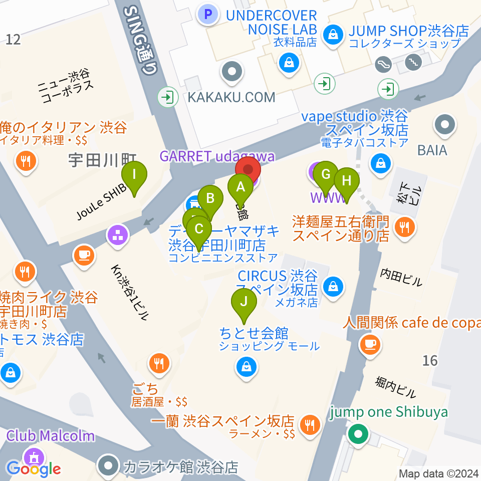 渋谷GARRET周辺のファミレス・ファーストフード一覧地図