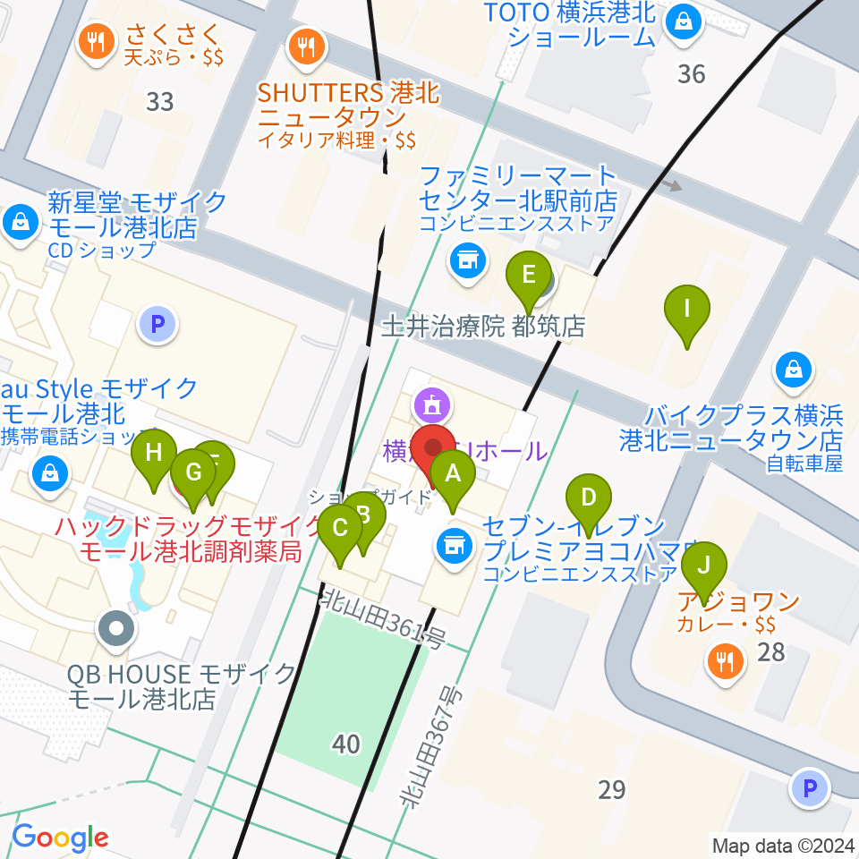 横浜YTJホール周辺のファミレス・ファーストフード一覧地図