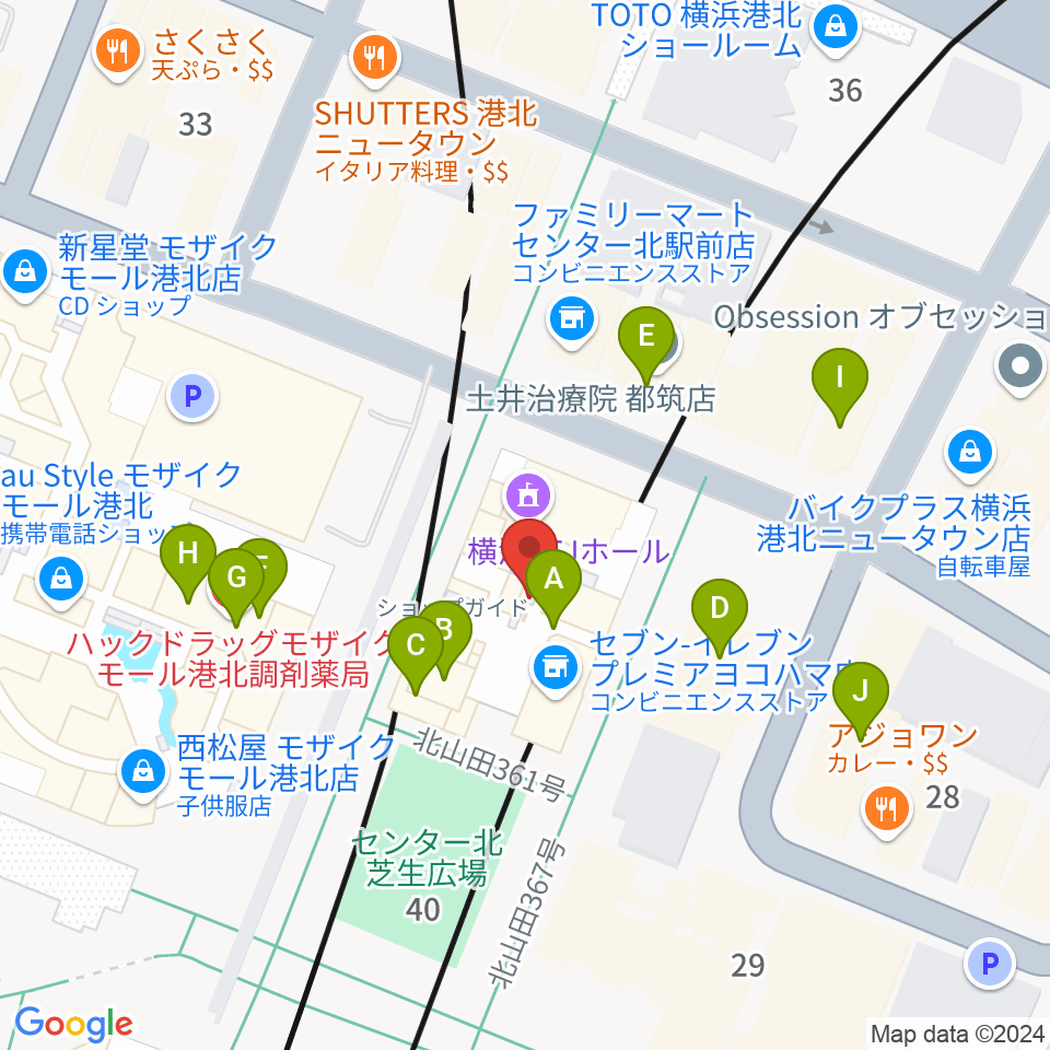 横浜YTJホール周辺のファミレス・ファーストフード一覧地図