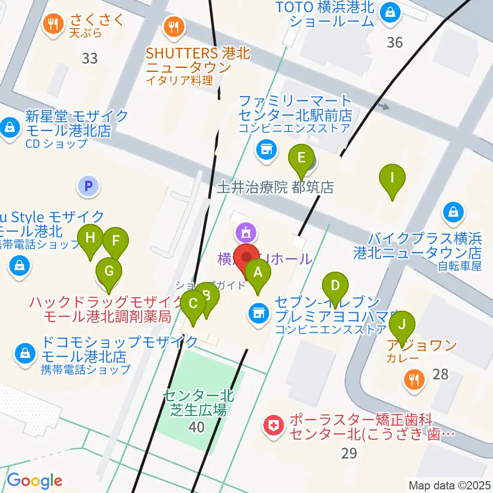 横浜YTJホール周辺のファミレス・ファーストフード一覧地図