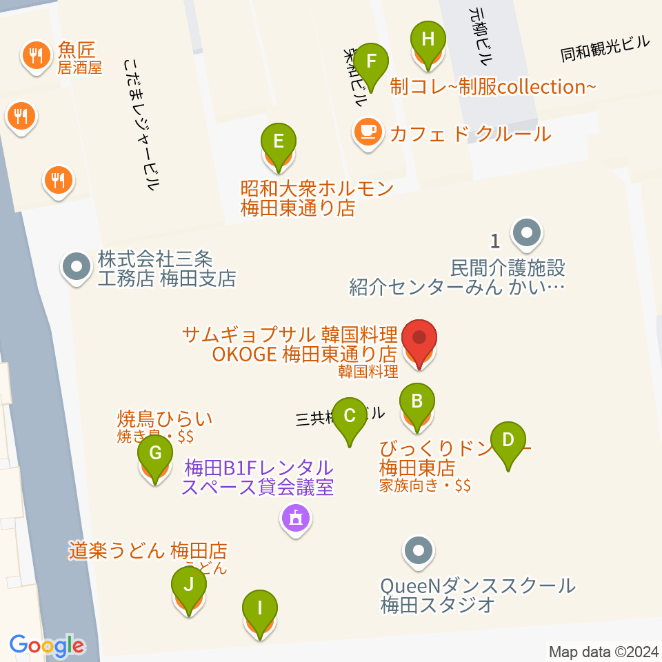 梅田Zeela周辺のファミレス・ファーストフード一覧地図