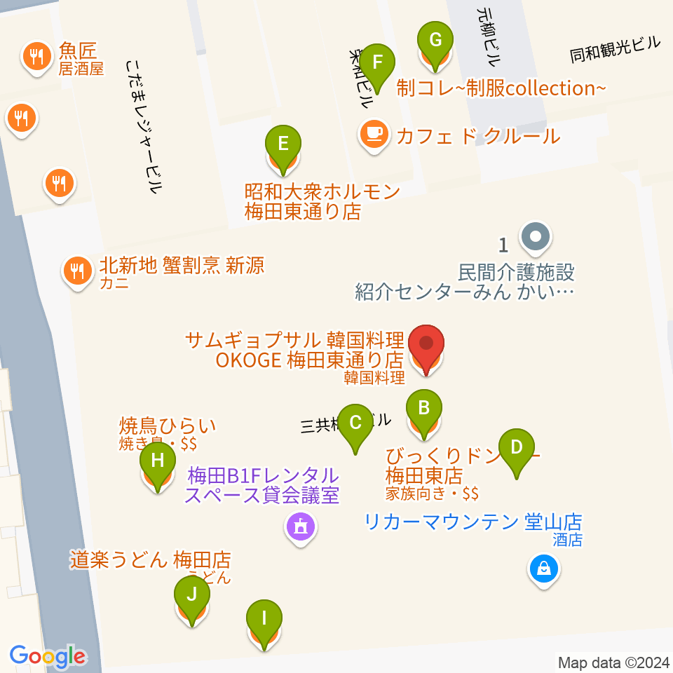 梅田Zeela周辺のファミレス・ファーストフード一覧地図