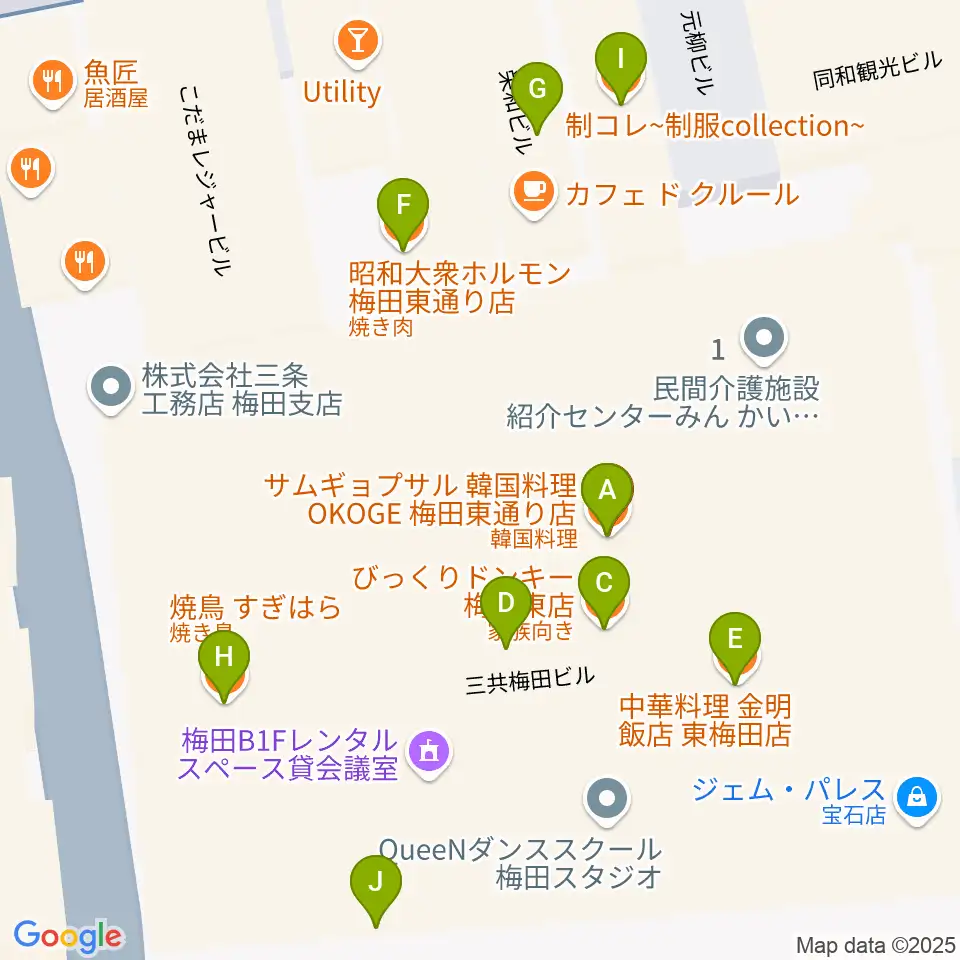 梅田Zeela周辺のファミレス・ファーストフード一覧地図