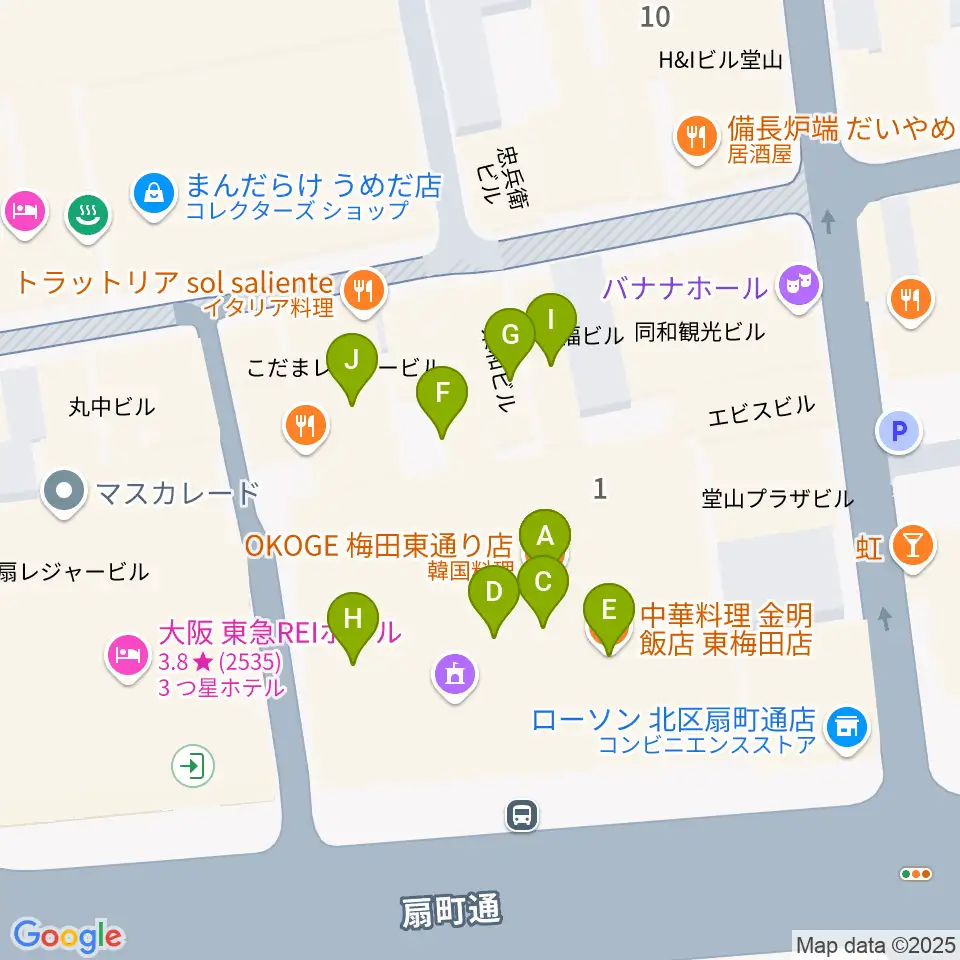梅田Zeela周辺のファミレス・ファーストフード一覧地図