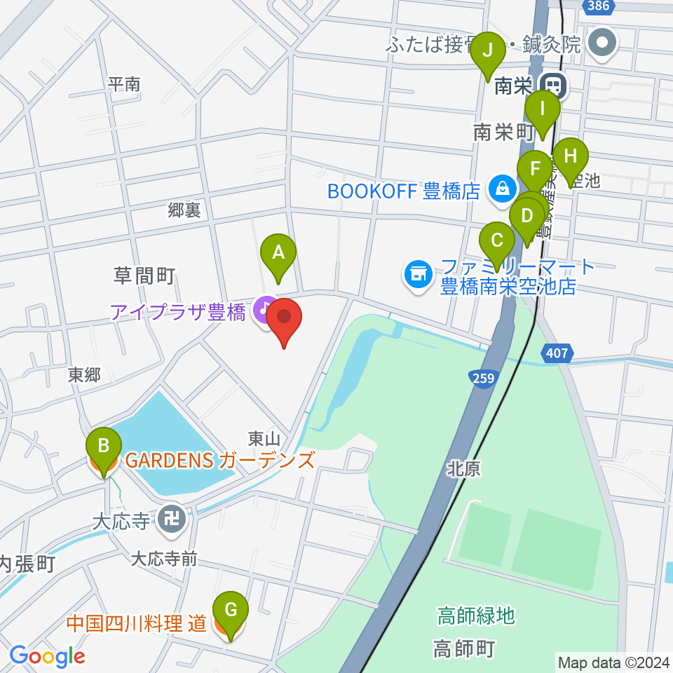 アイプラザ豊橋周辺のファミレス・ファーストフード一覧地図