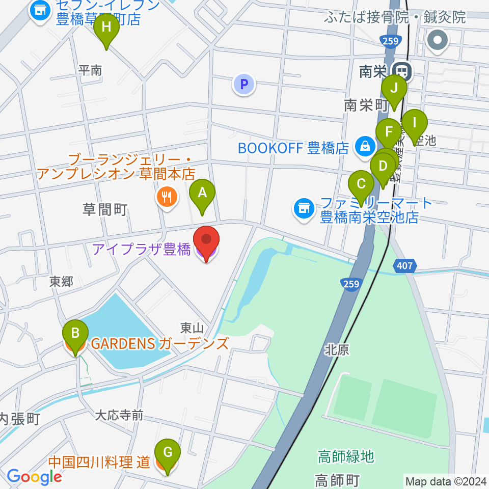 アイプラザ豊橋周辺のファミレス・ファーストフード一覧地図