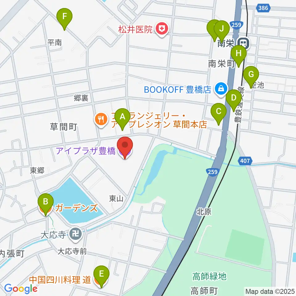 アイプラザ豊橋周辺のファミレス・ファーストフード一覧地図