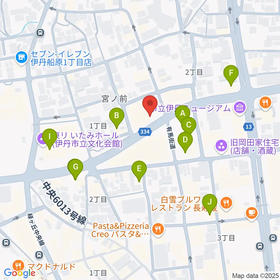 伊丹アイフォニックホール周辺のファミレス・ファーストフード一覧地図