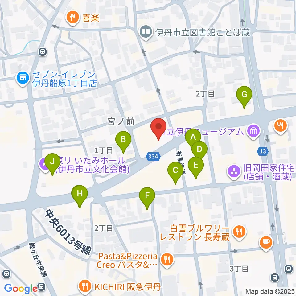 伊丹アイフォニックホール周辺のファミレス・ファーストフード一覧地図