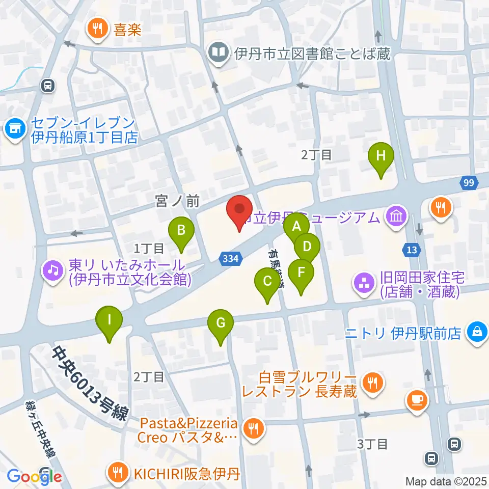伊丹アイフォニックホール周辺のファミレス・ファーストフード一覧地図