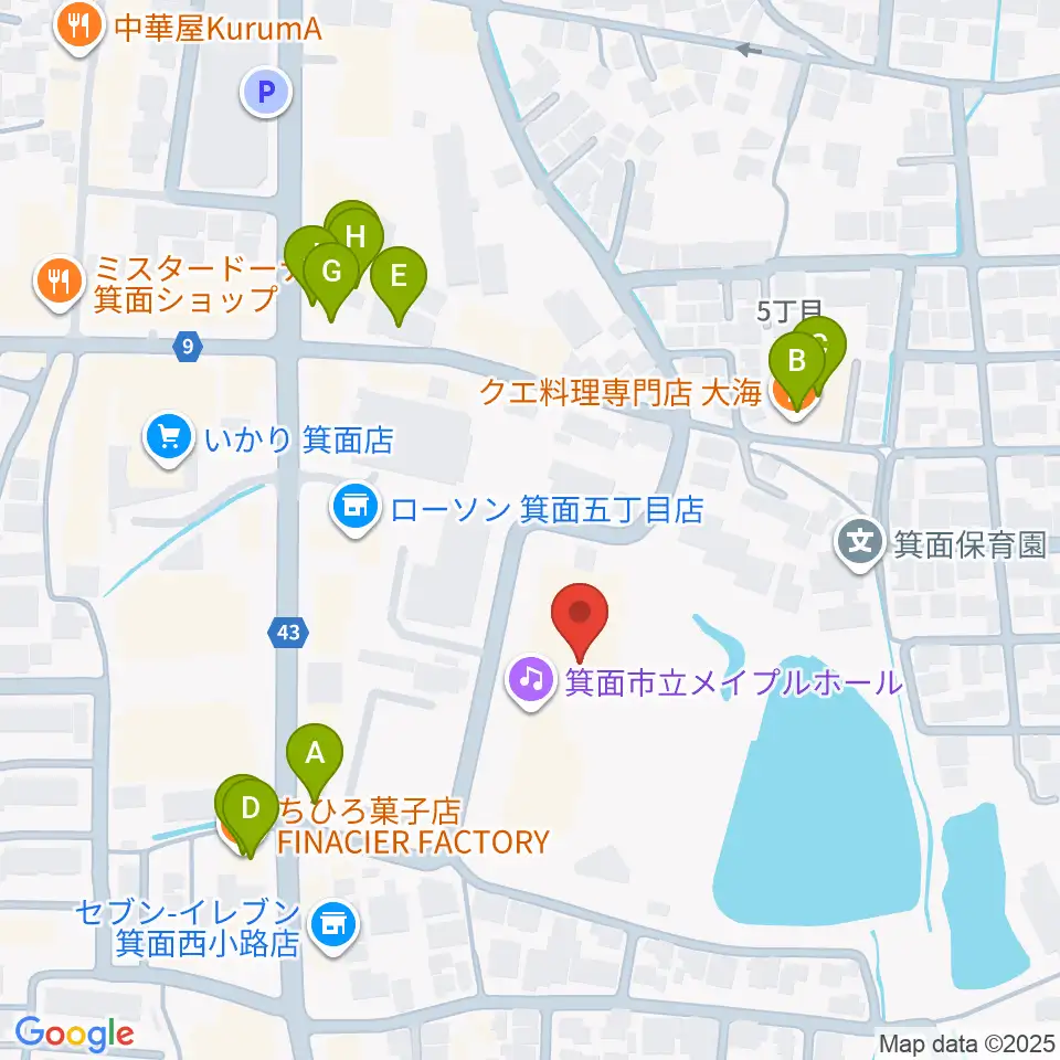 箕面市立メイプルホール周辺のファミレス・ファーストフード一覧地図