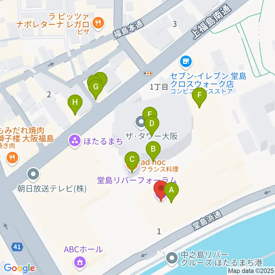 堂島リバーフォーラム周辺のファミレス・ファーストフード一覧地図