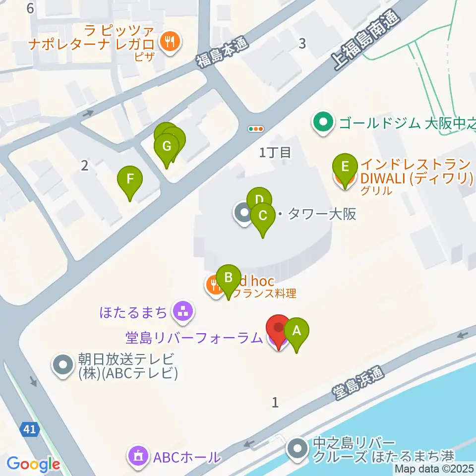 堂島リバーフォーラム周辺のファミレス・ファーストフード一覧地図