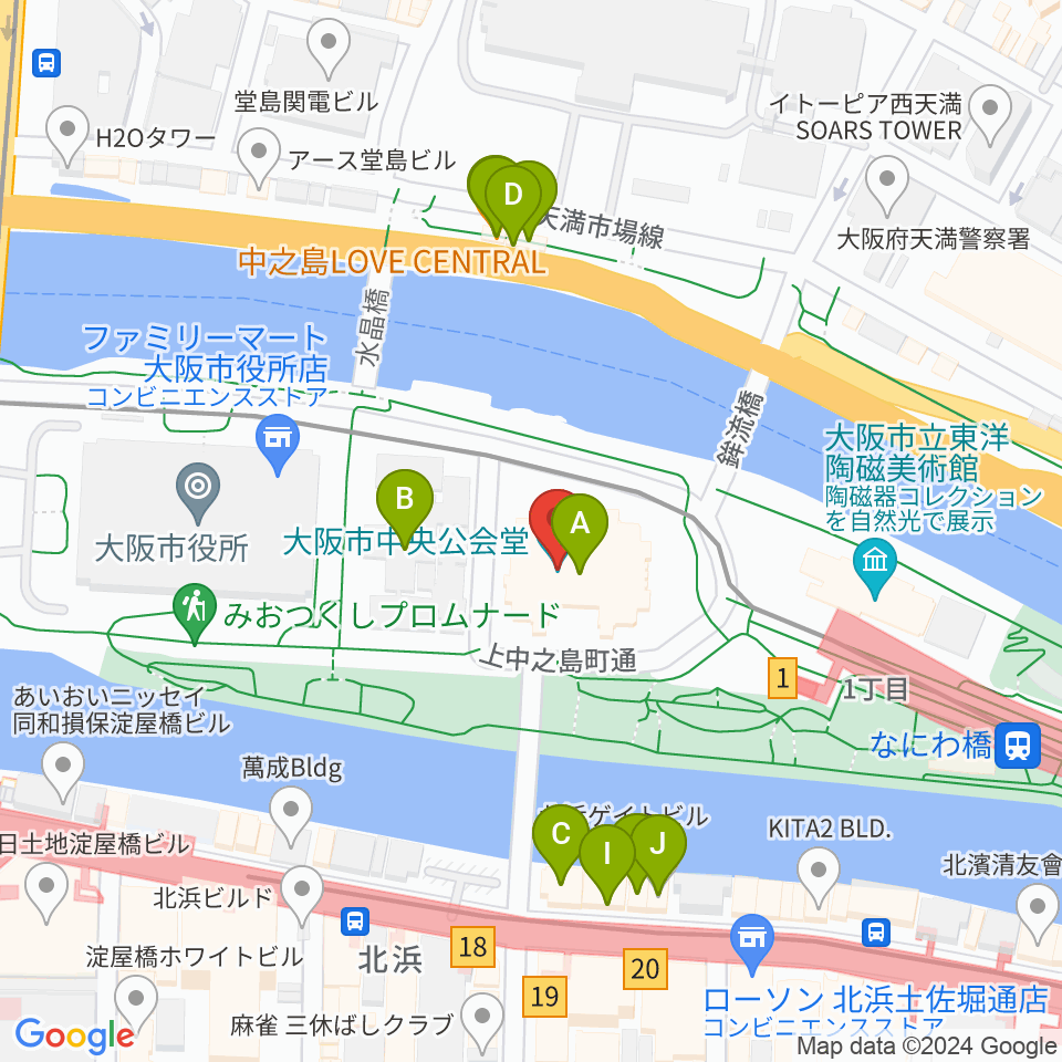 大阪市中央公会堂周辺のファミレス・ファーストフード一覧地図