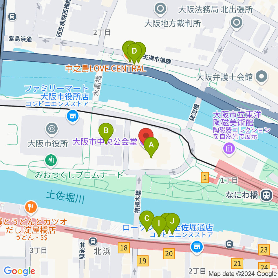 大阪市中央公会堂周辺のファミレス・ファーストフード一覧地図