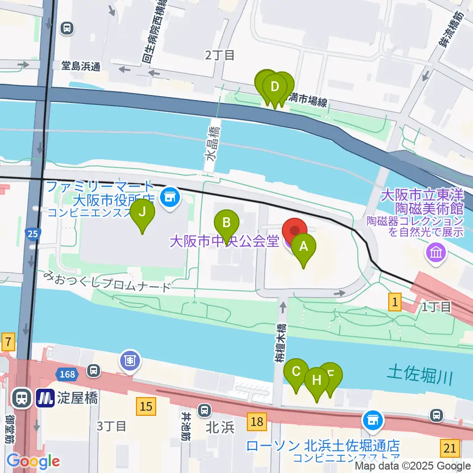 大阪市中央公会堂周辺のファミレス・ファーストフード一覧地図