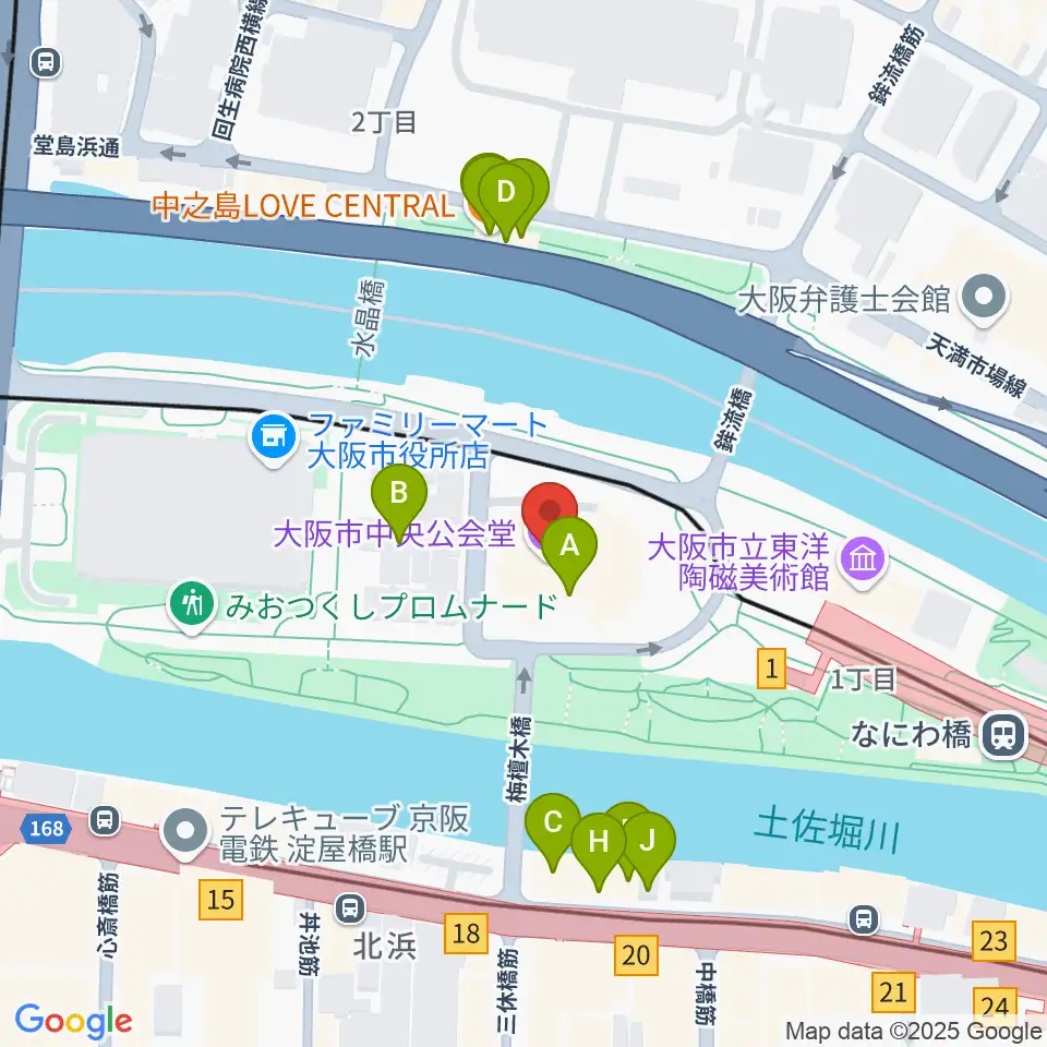 大阪市中央公会堂周辺のファミレス・ファーストフード一覧地図