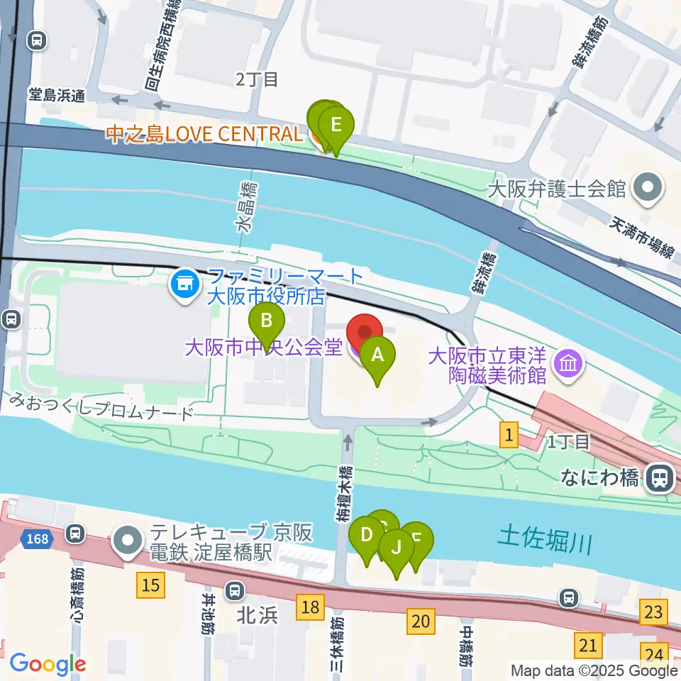 大阪市中央公会堂周辺のファミレス・ファーストフード一覧地図
