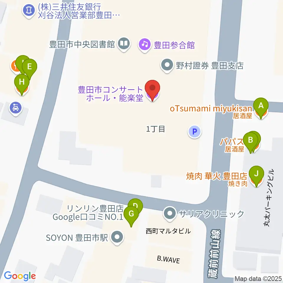 豊田市コンサートホール周辺のファミレス・ファーストフード一覧地図