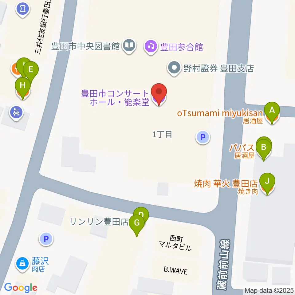 豊田市コンサートホール周辺のファミレス・ファーストフード一覧地図