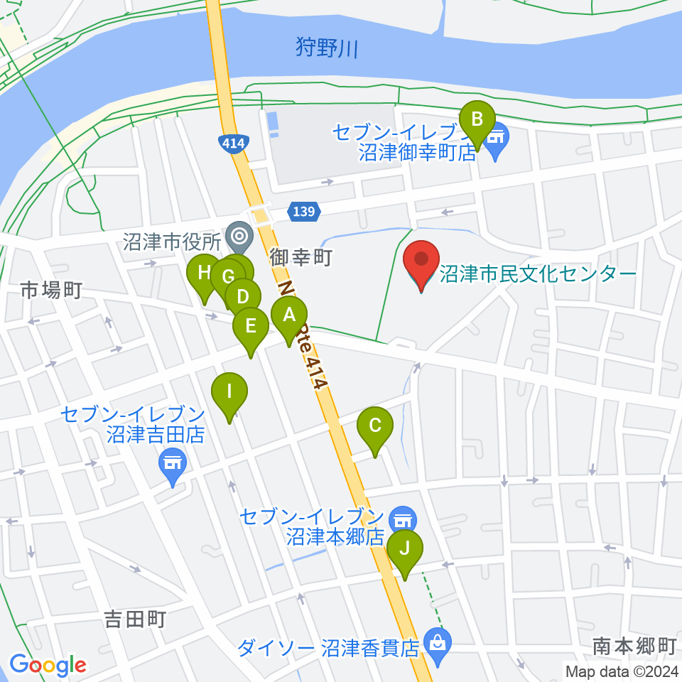 沼津市民文化センター周辺のファミレス・ファーストフード一覧地図