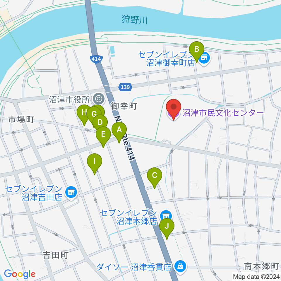 沼津市民文化センター周辺のファミレス・ファーストフード一覧地図