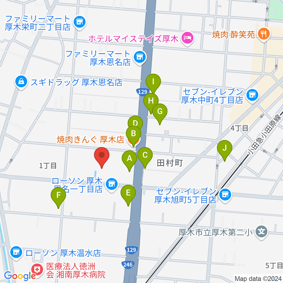 厚木市文化会館周辺のファミレス・ファーストフード一覧地図