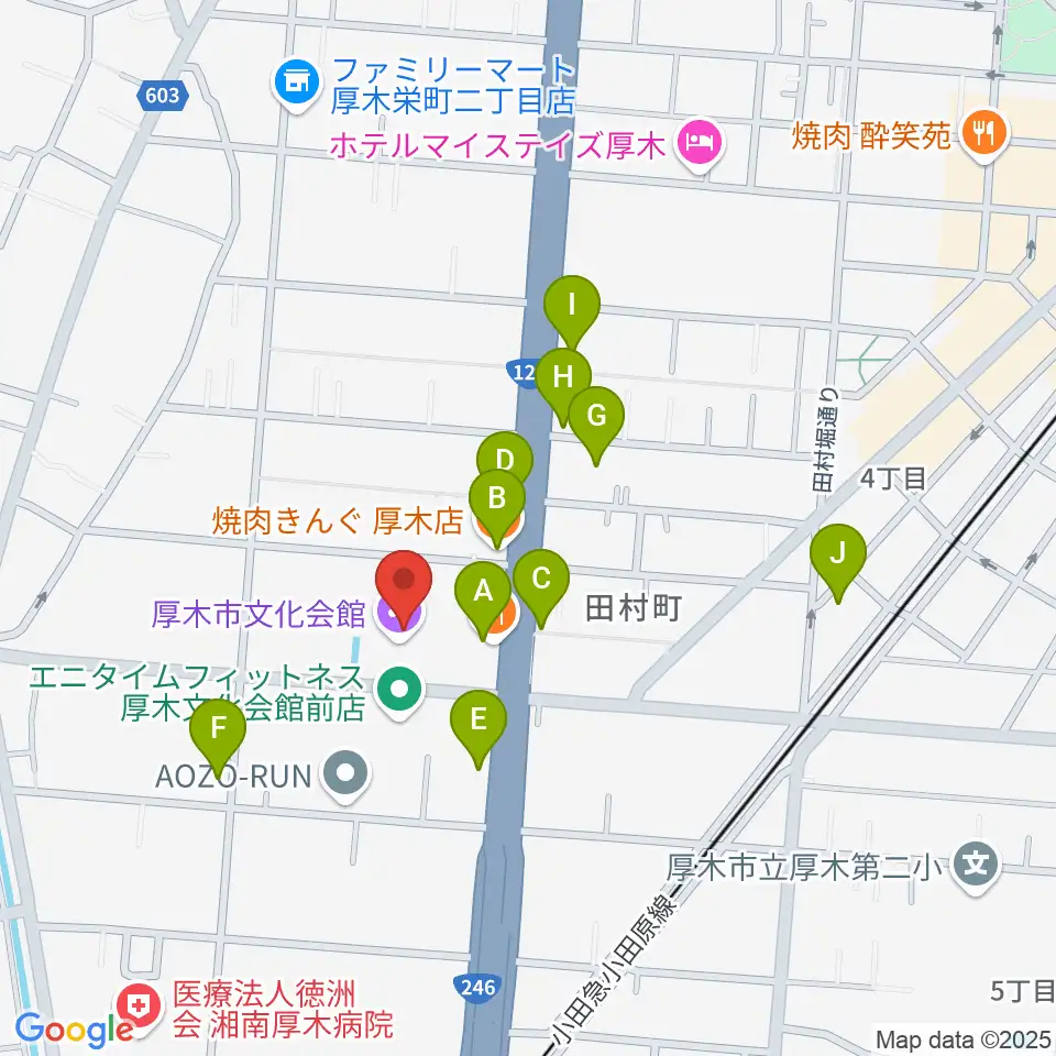 厚木市文化会館周辺のファミレス・ファーストフード一覧地図