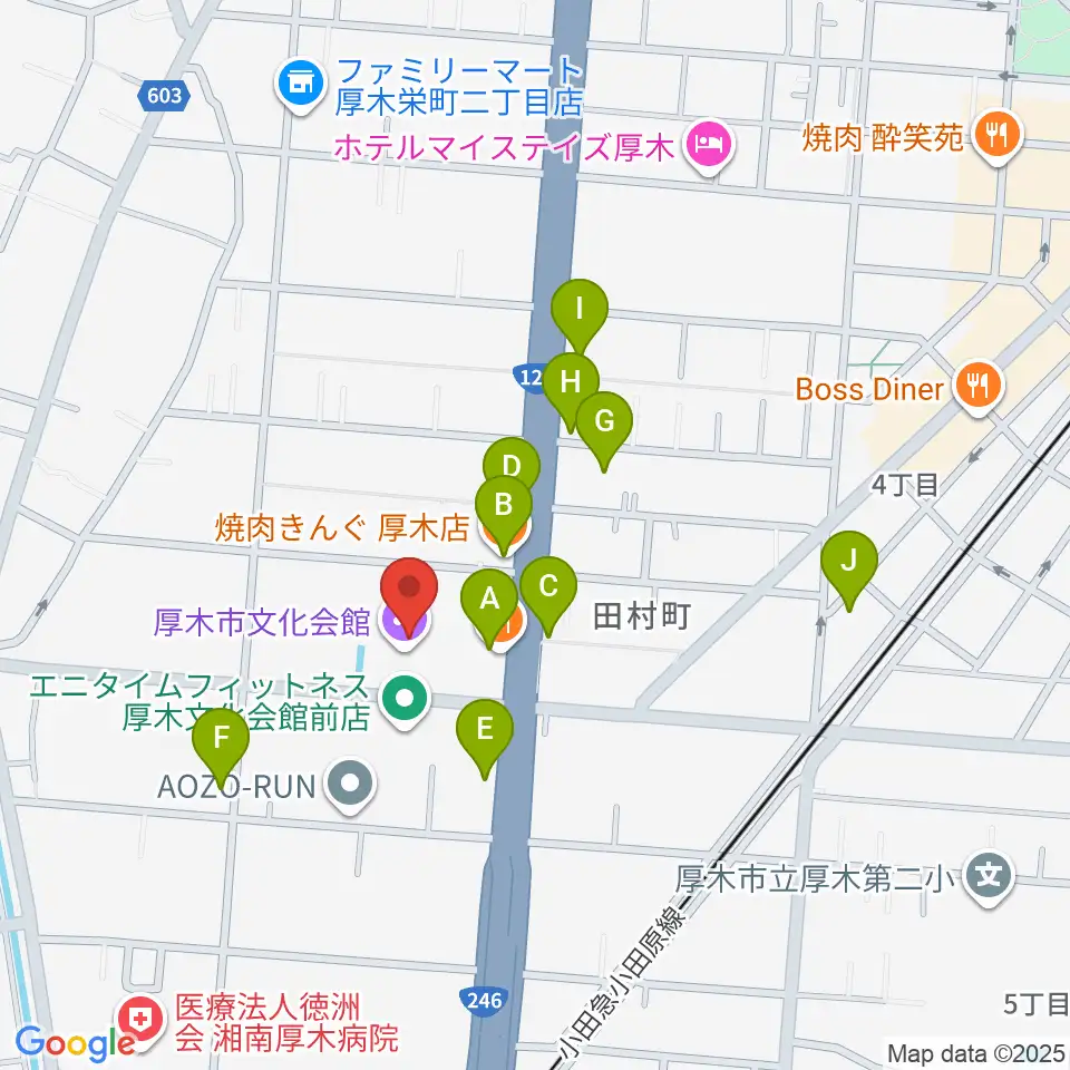 厚木市文化会館周辺のファミレス・ファーストフード一覧地図