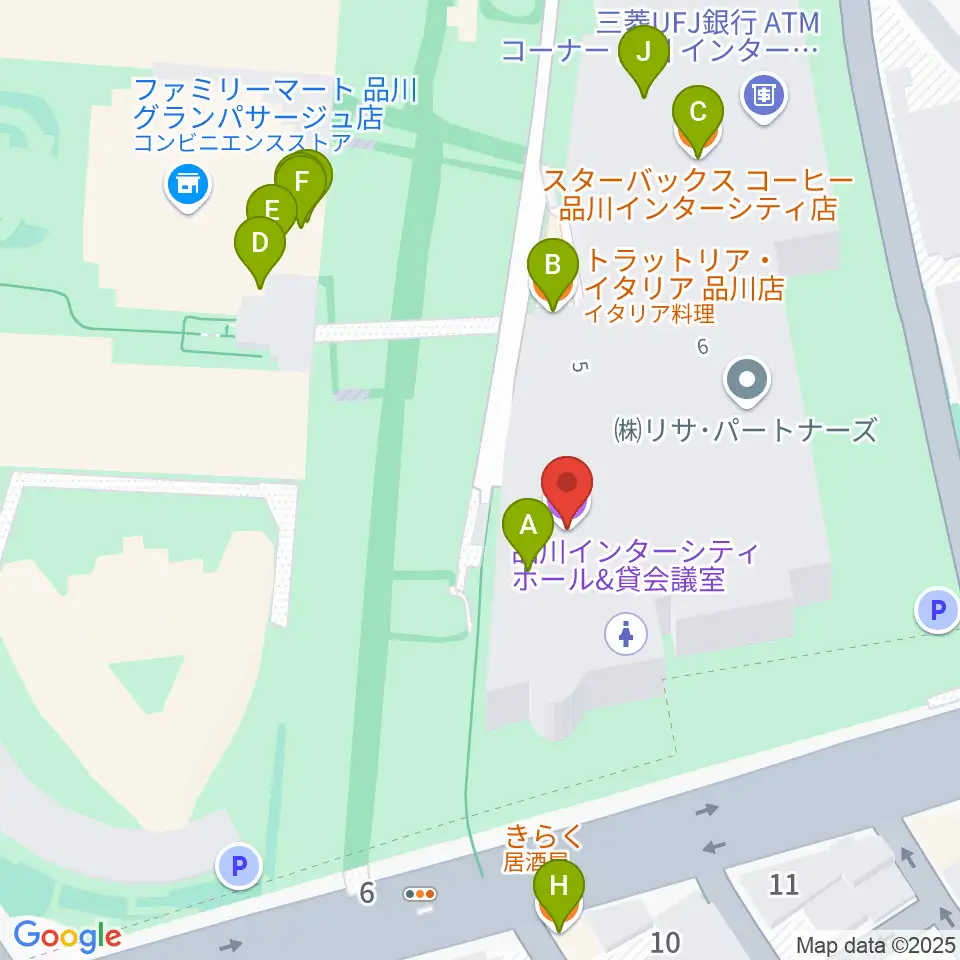 品川インターシティホール周辺のファミレス・ファーストフード一覧地図