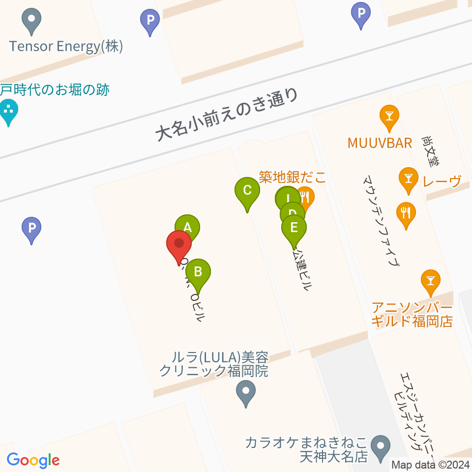 福岡天神ROOMS周辺のファミレス・ファーストフード一覧地図
