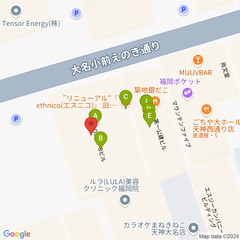 福岡天神ROOMS周辺のファミレス・ファーストフード一覧地図