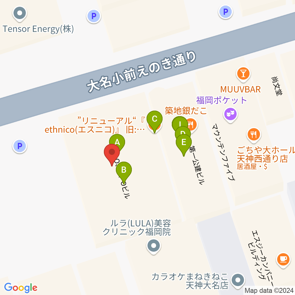 福岡天神ROOMS周辺のファミレス・ファーストフード一覧地図