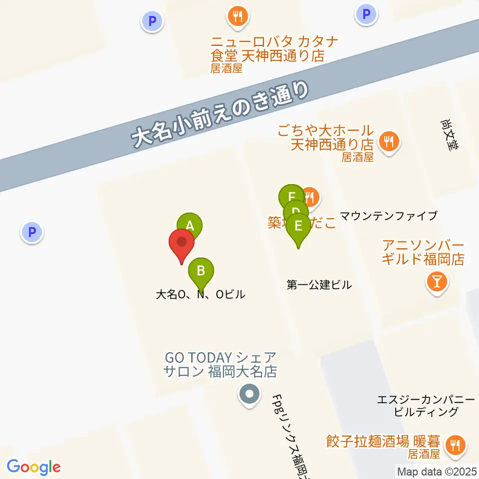 福岡天神ROOMS周辺のファミレス・ファーストフード一覧地図
