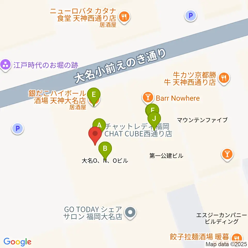 福岡天神ROOMS周辺のファミレス・ファーストフード一覧地図