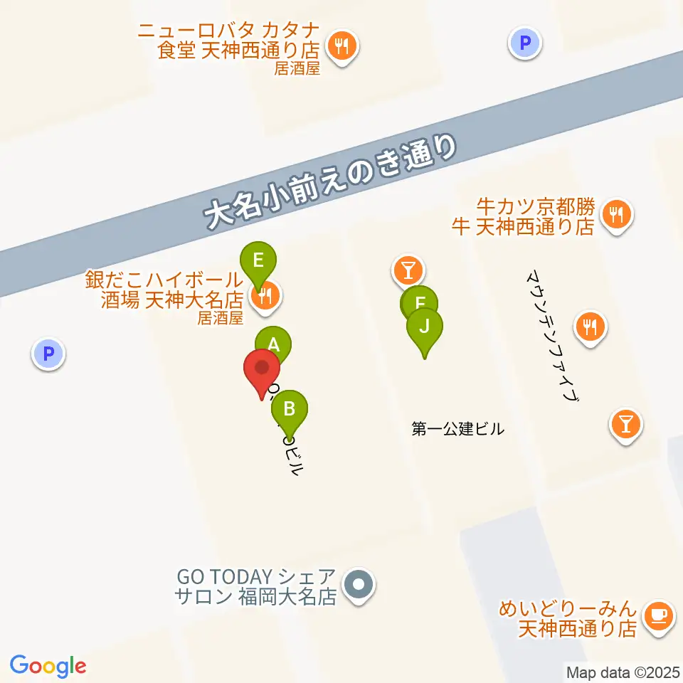 福岡天神ROOMS周辺のファミレス・ファーストフード一覧地図