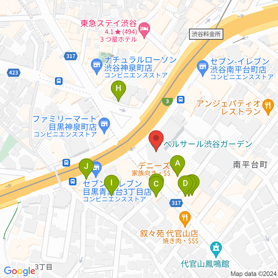 ベルサール渋谷ガーデン周辺のファミレス・ファーストフード一覧地図