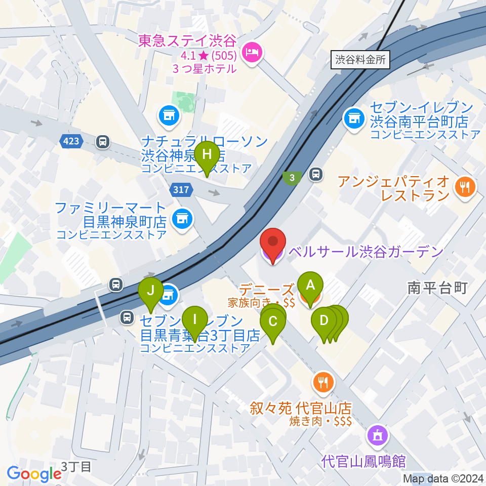 ベルサール渋谷ガーデン周辺のファミレス・ファーストフード一覧地図